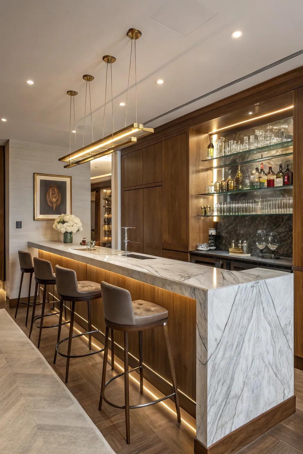A deluxe home bar featuring premium materials.