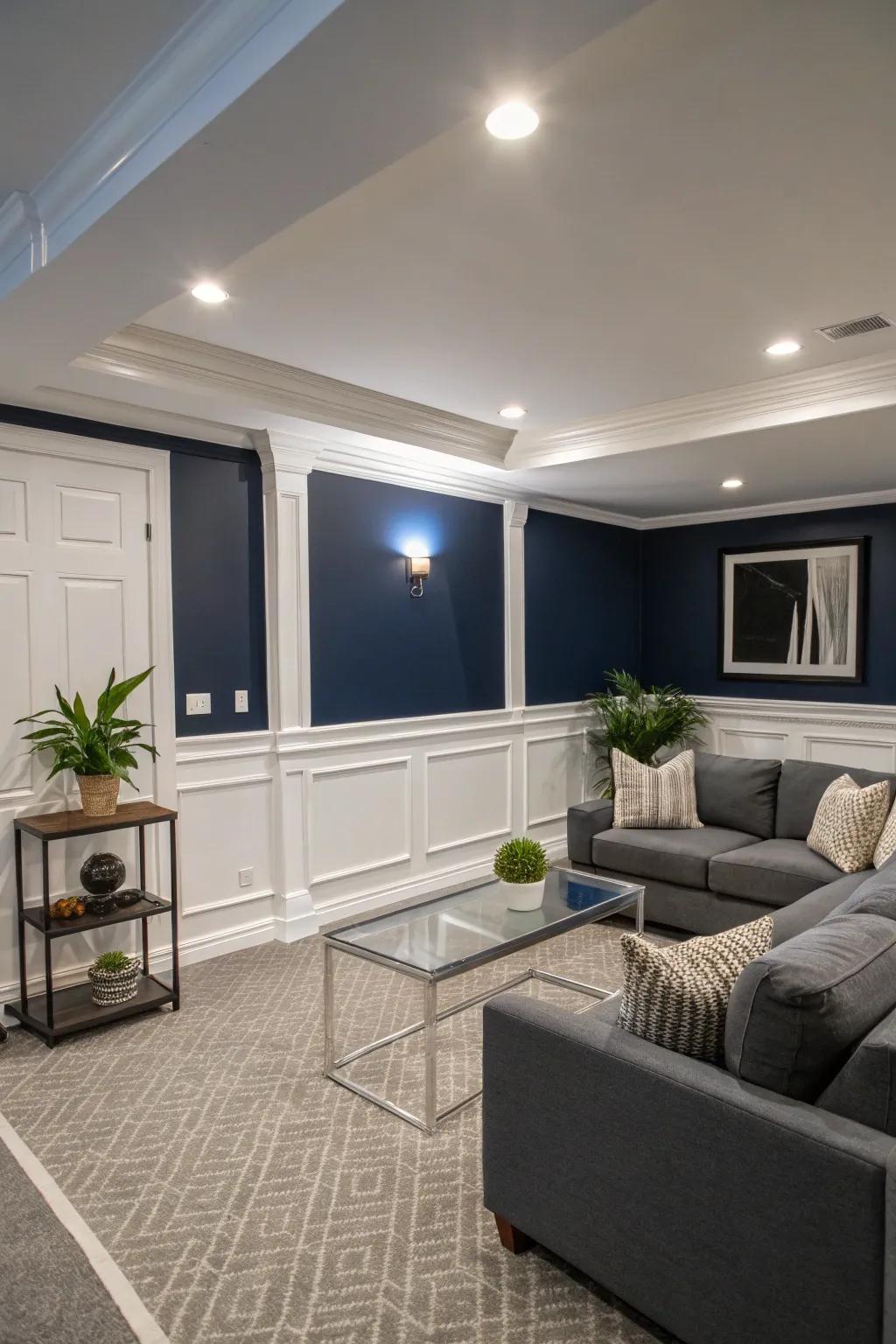 Deep blue imbues depth and sophistication into a contemporary basement.