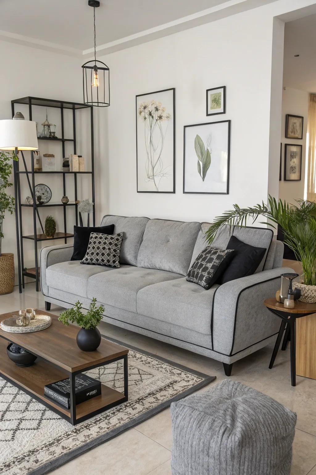 A stone grey sofa with ebony highlights becomes a focal point of sophisticated design.