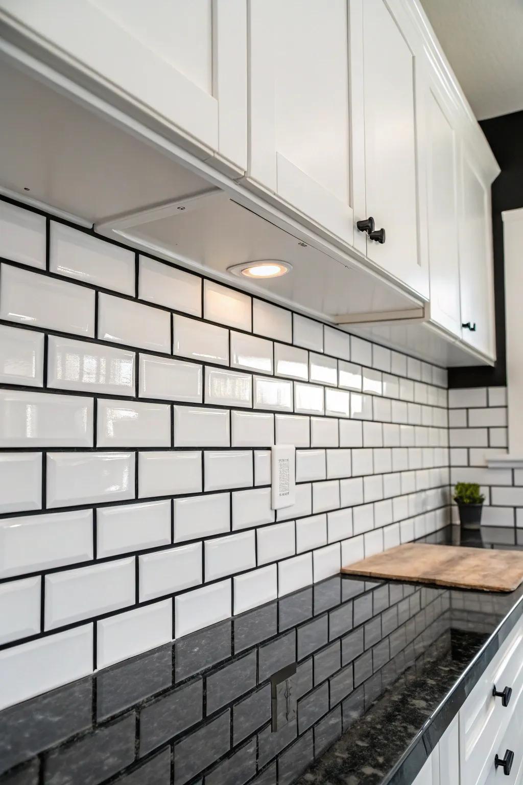 Classic subway tiles enhanced with bold ebony grout for notable contrast.