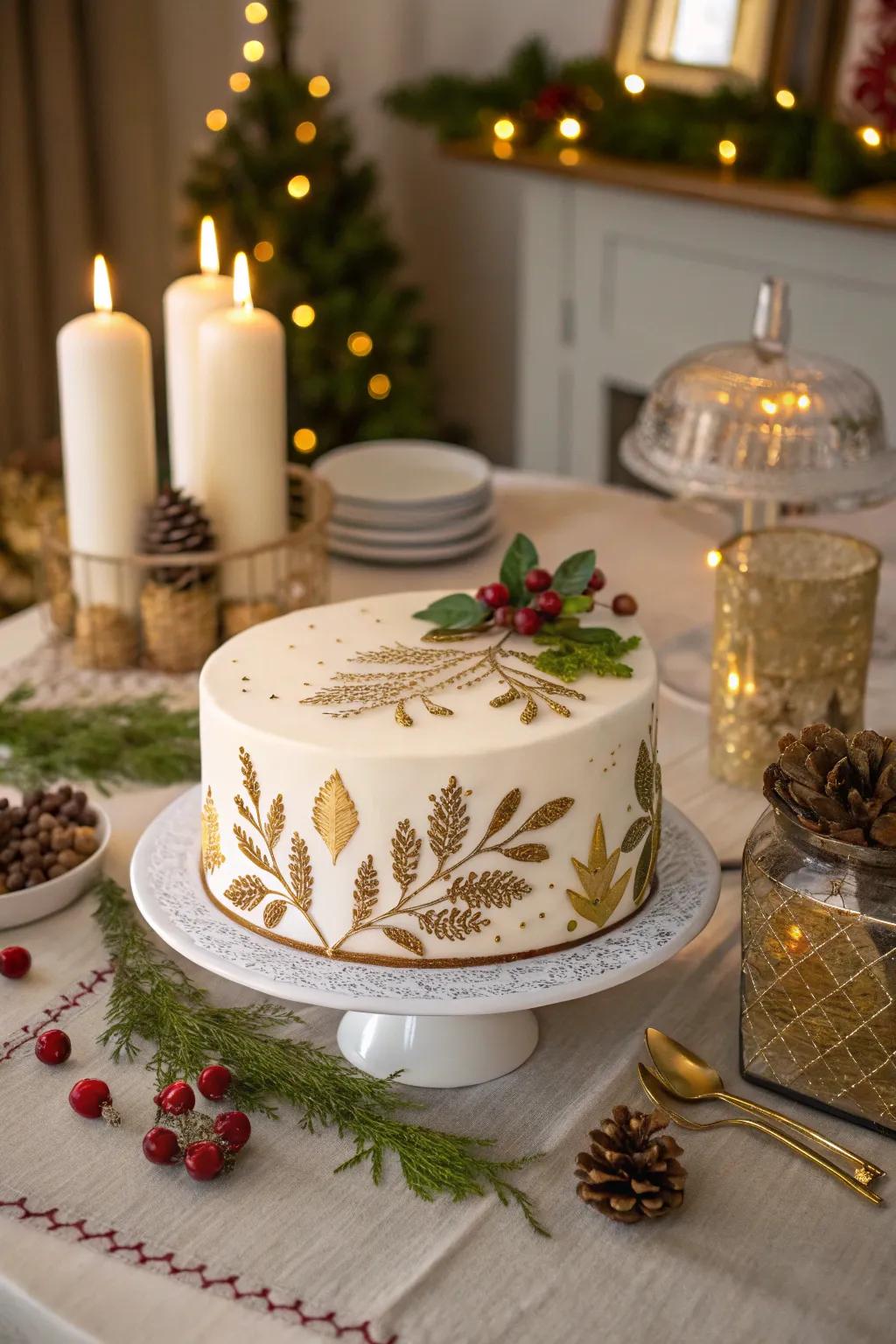 Christmas cake adorned with sophisticated gold details