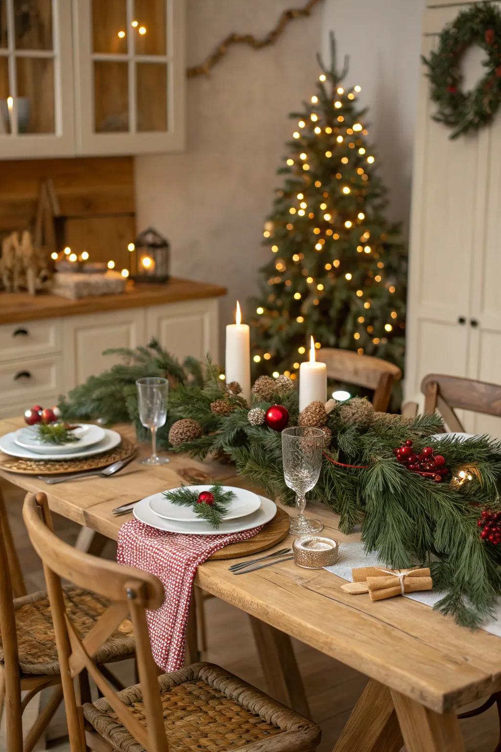 A Christmas dining scene enriched with verdant fir sprigs and wreaths.