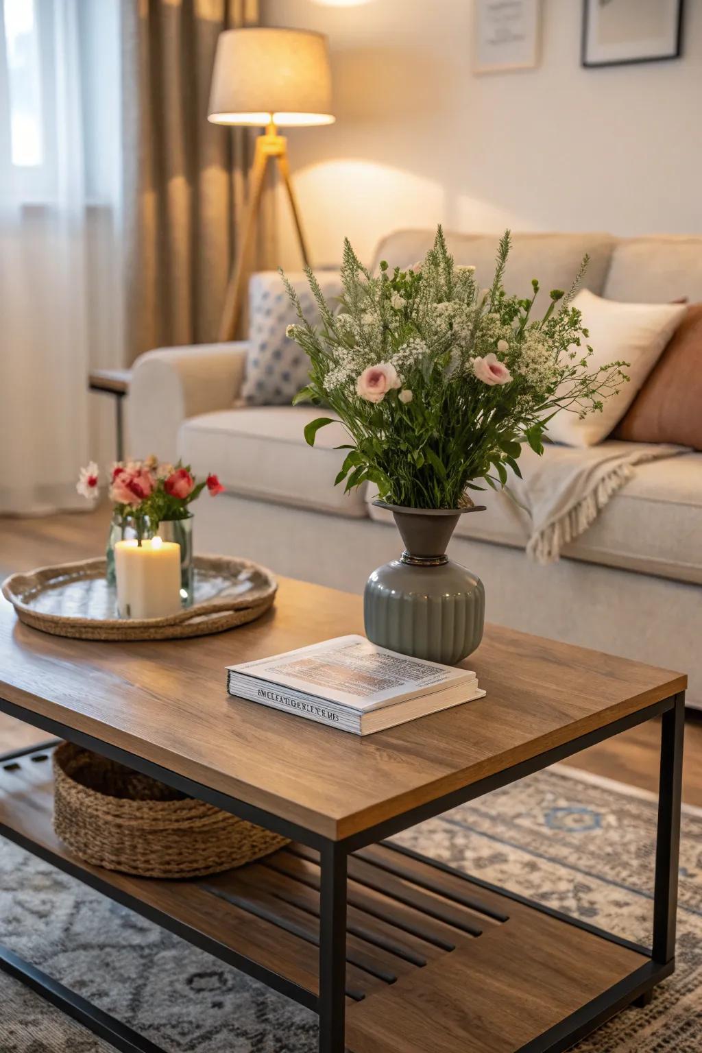 Where organic merges with design in this contemporary coffee table look.