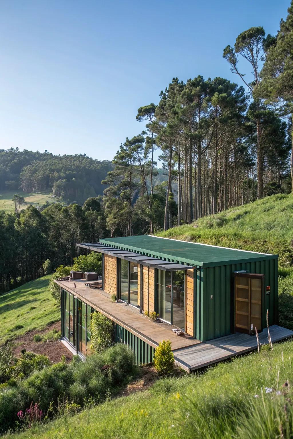 An eco-conscious modular home with a vibrant green rooftop merging harmoniously with the environment.