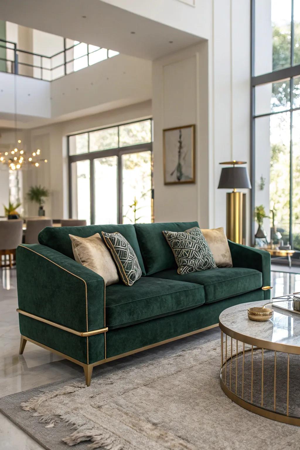 A dark green velvet sofa adds opulence and charm to your living room.
