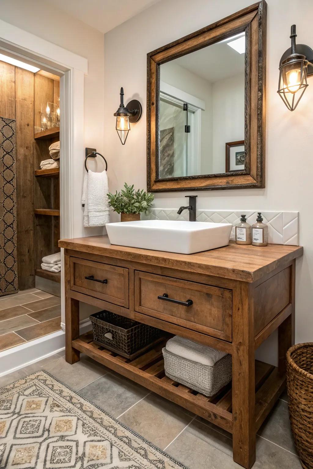 A history-rich timber vanity takes center stage in a modern farmhouse powder room.