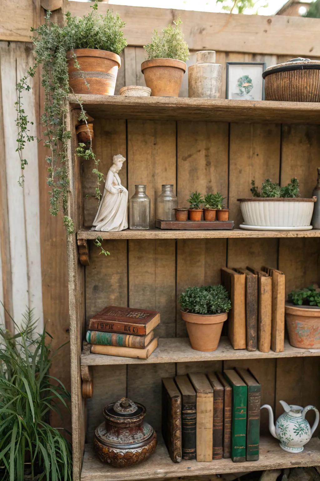 Country-style wood shelves displaying vintage decor and foliage.