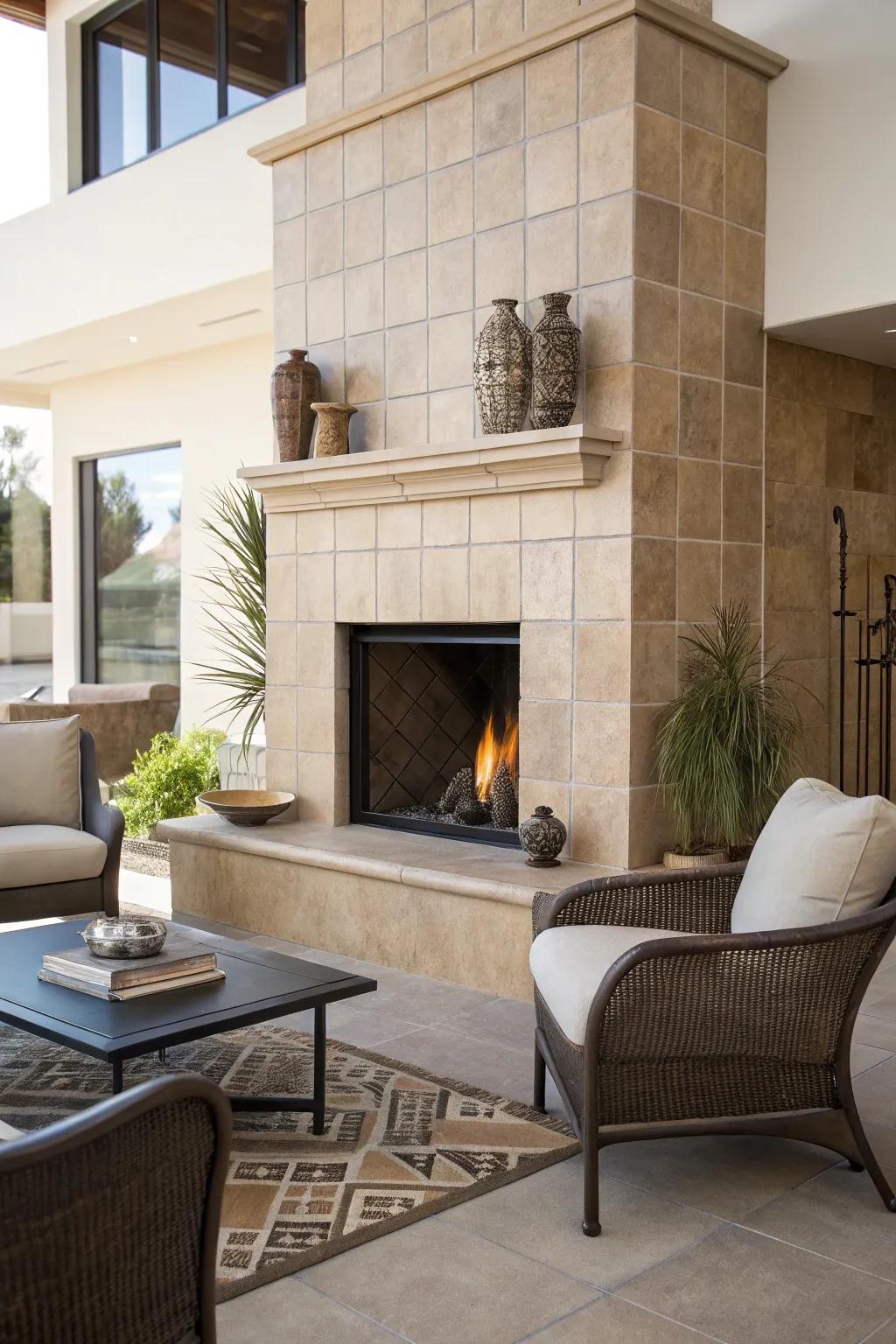Fireplace featuring subtle tone stones in a contemporary environment.
