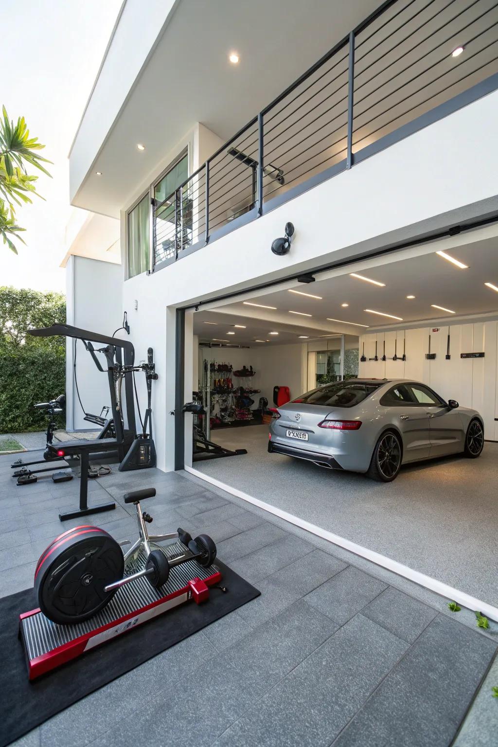 In your contemporary garage, create a multi-purpose area.