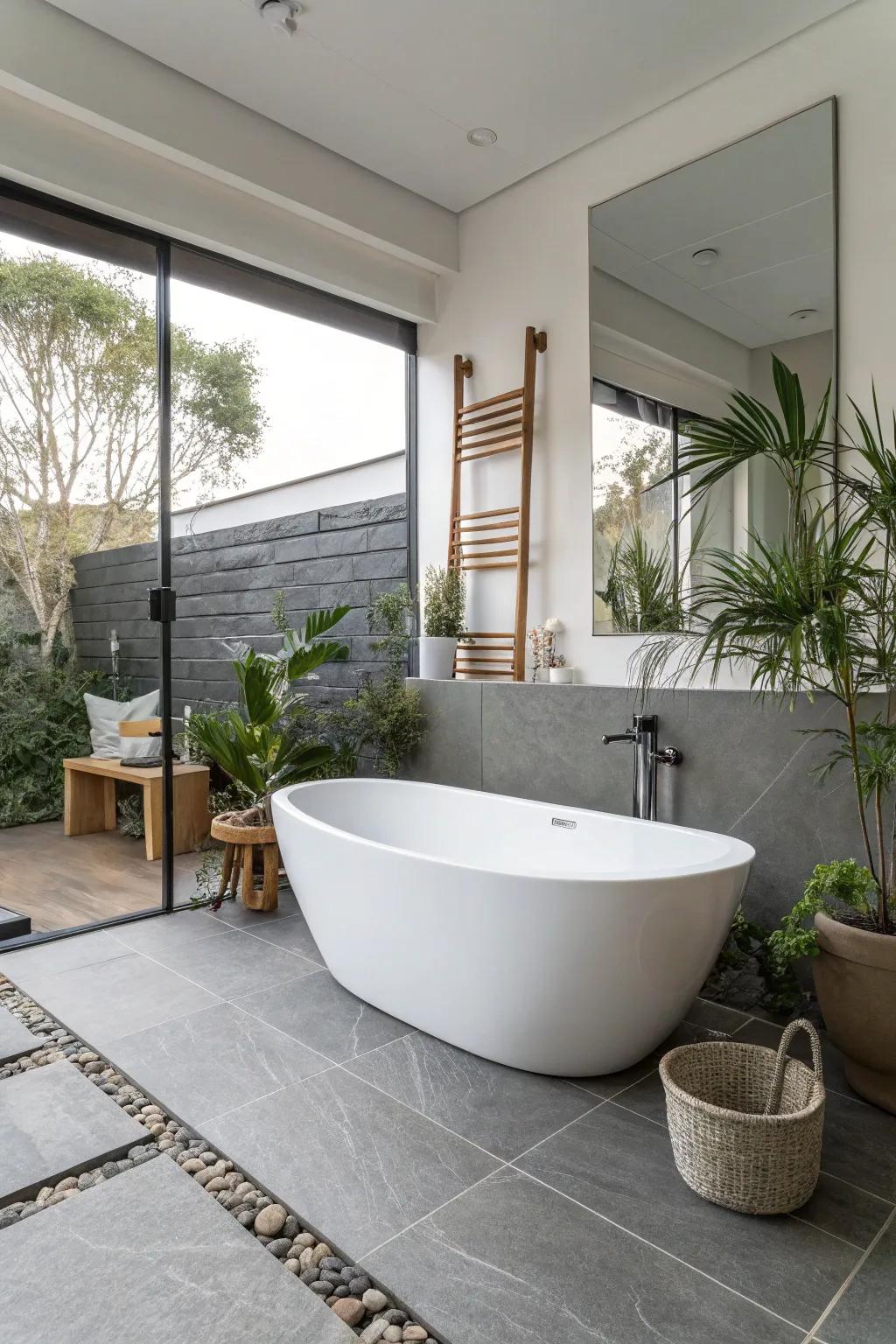 A standalone bathtub amplifies the design and turns into the bathroom's main draw.