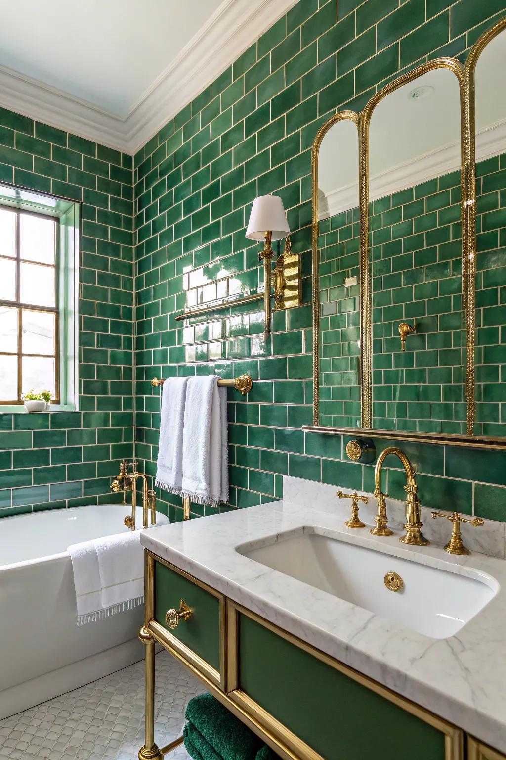 Deep green tiles contribute an air of regal elegance.