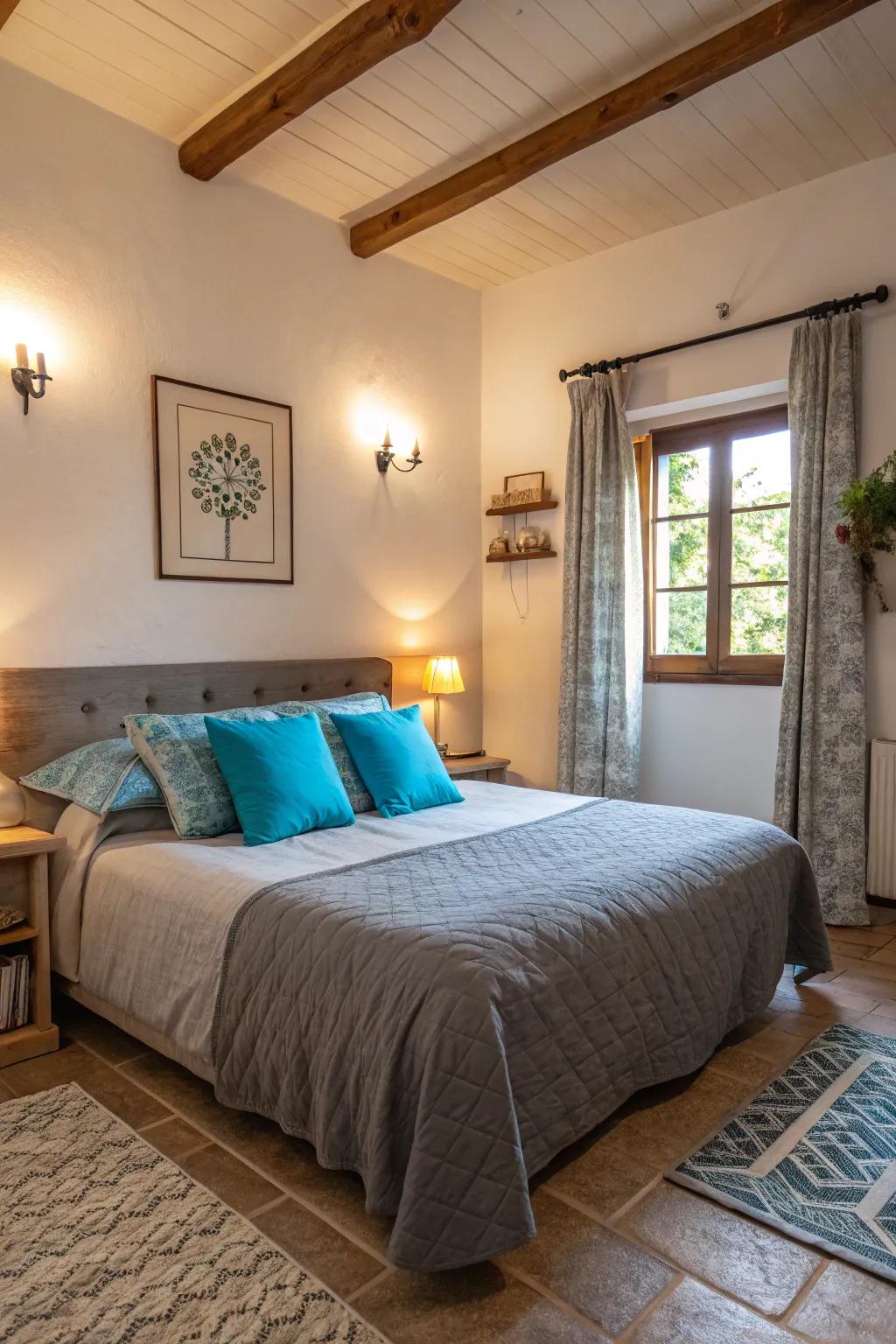 Enhance your bedroom with dynamic azure cushions layered over sophisticated grey linens.