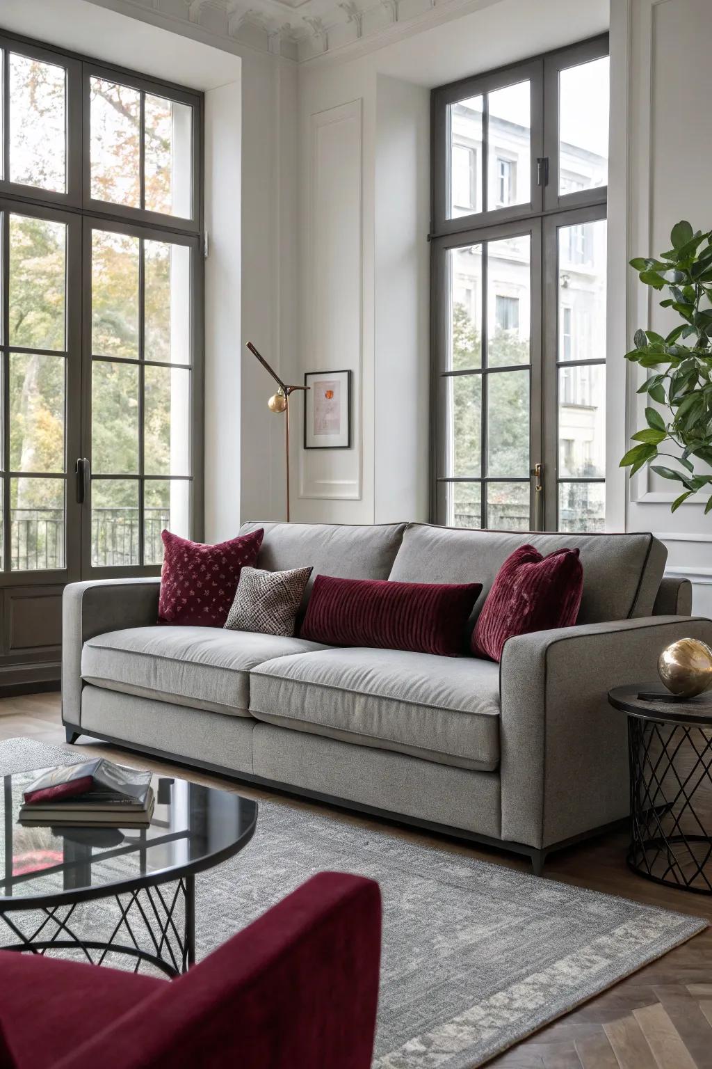 A modern grey sofa adorned with burgundy cushions, set in a stylish living room.