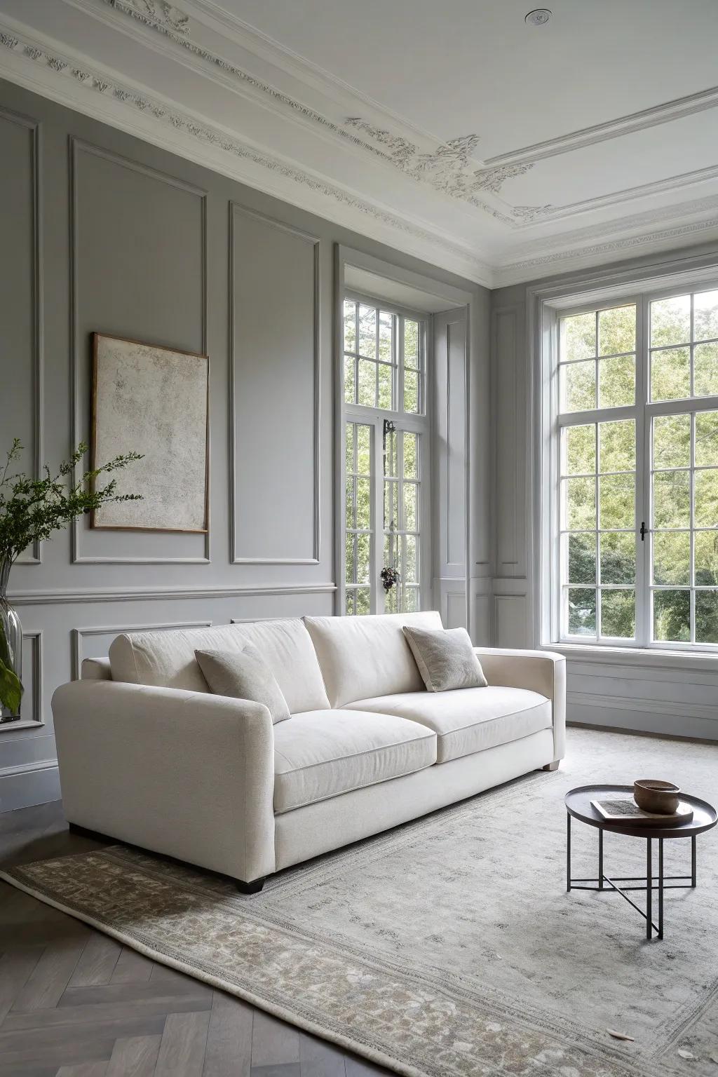 Streamlined white furnishings brighten the living room.