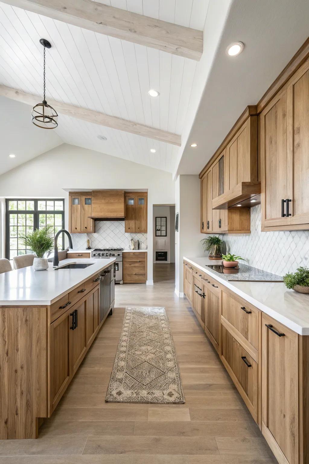 An unobstructed culinary layout accentuates the magnificence of walnut-toned fittings.
