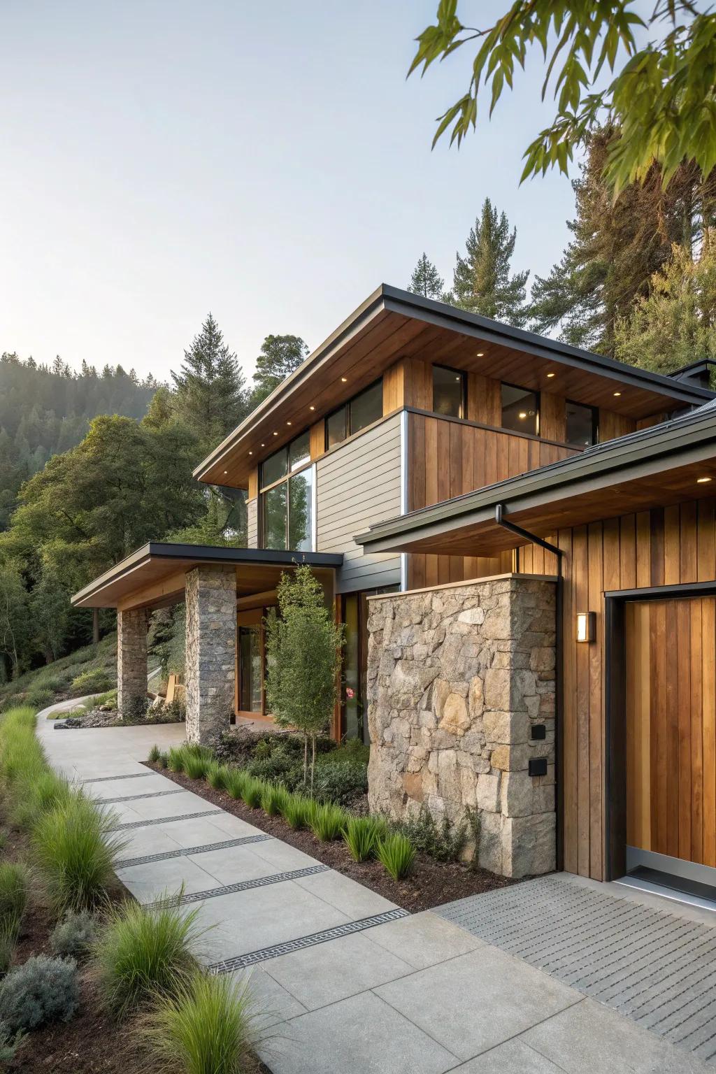 A modern house exterior beautifully incorporating natural materials.