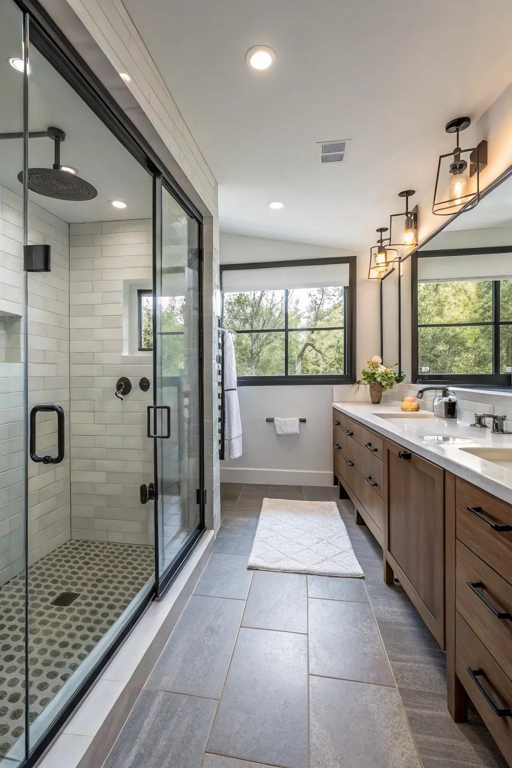 Communal bathing space maximizes convenience in dual-access bathrooms.