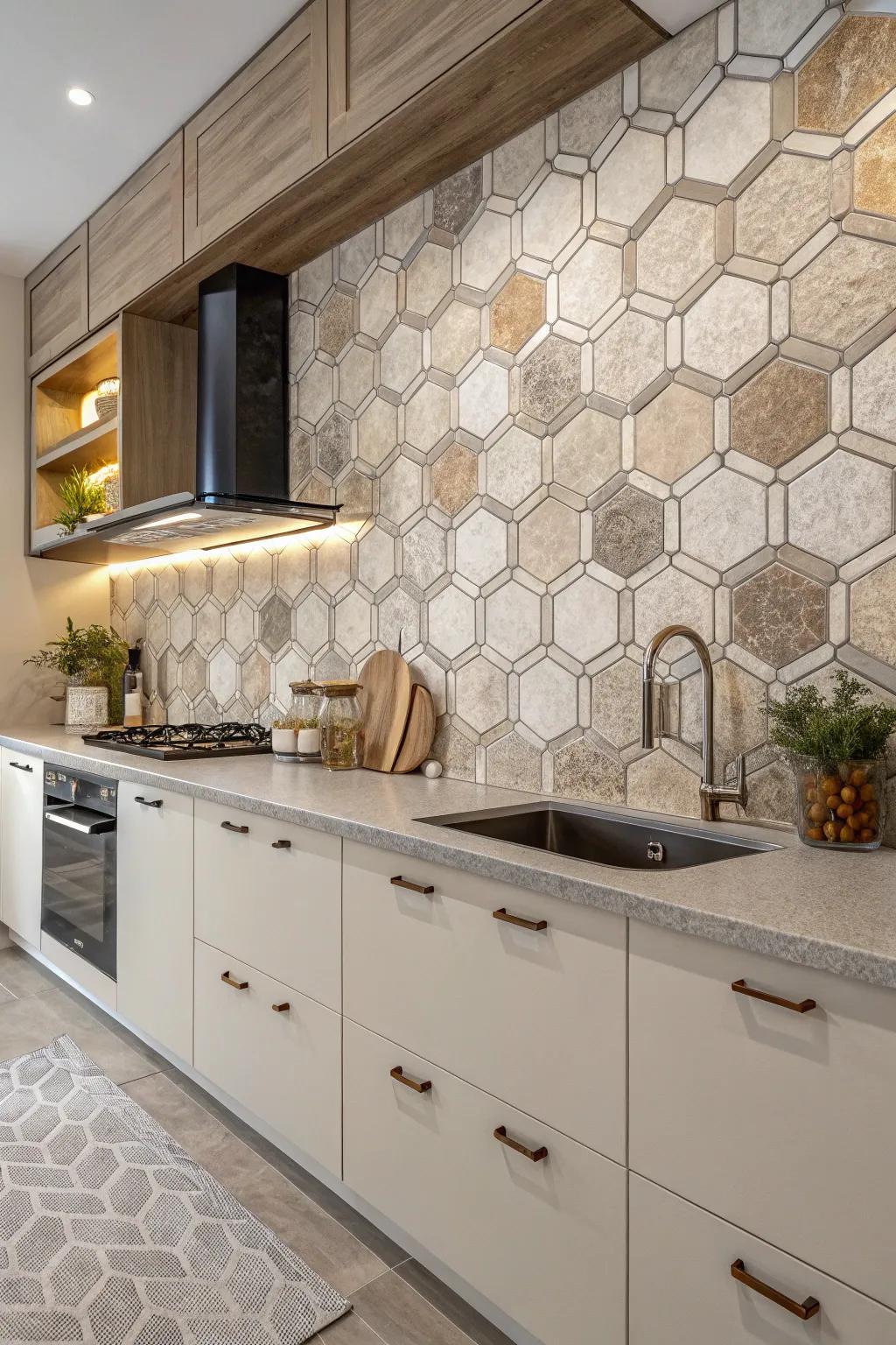 Six-sided shapes infuse geometric appeal and style into your cooking area.
