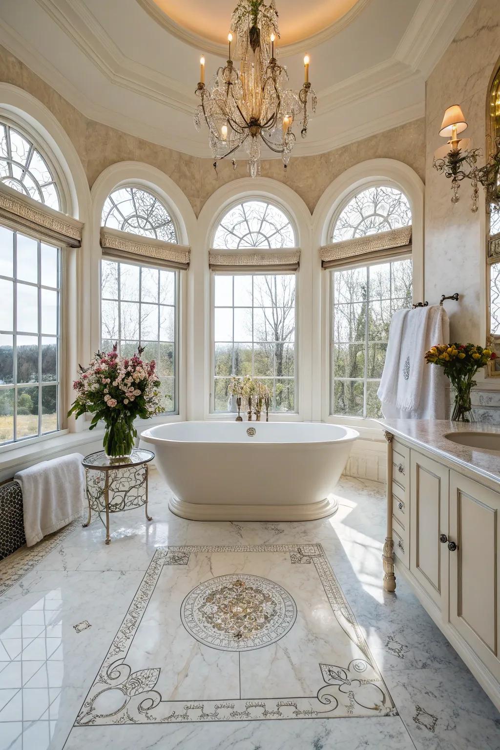 An independent soaking tub serves as a focal element in a contemporary bathroom.
