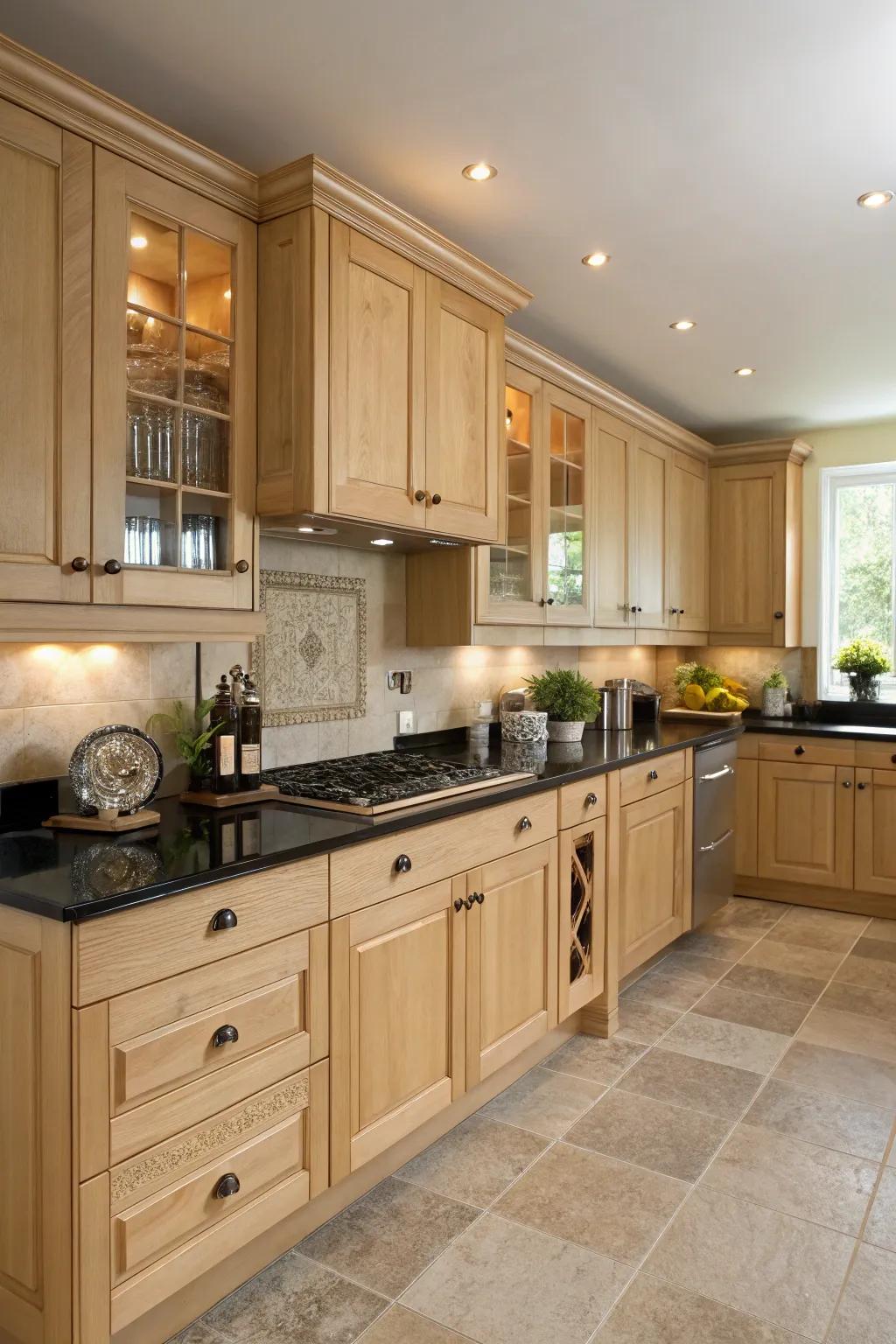 The contrast of dark countertops with pale maple cabinets yields a breathtaking visual statement.