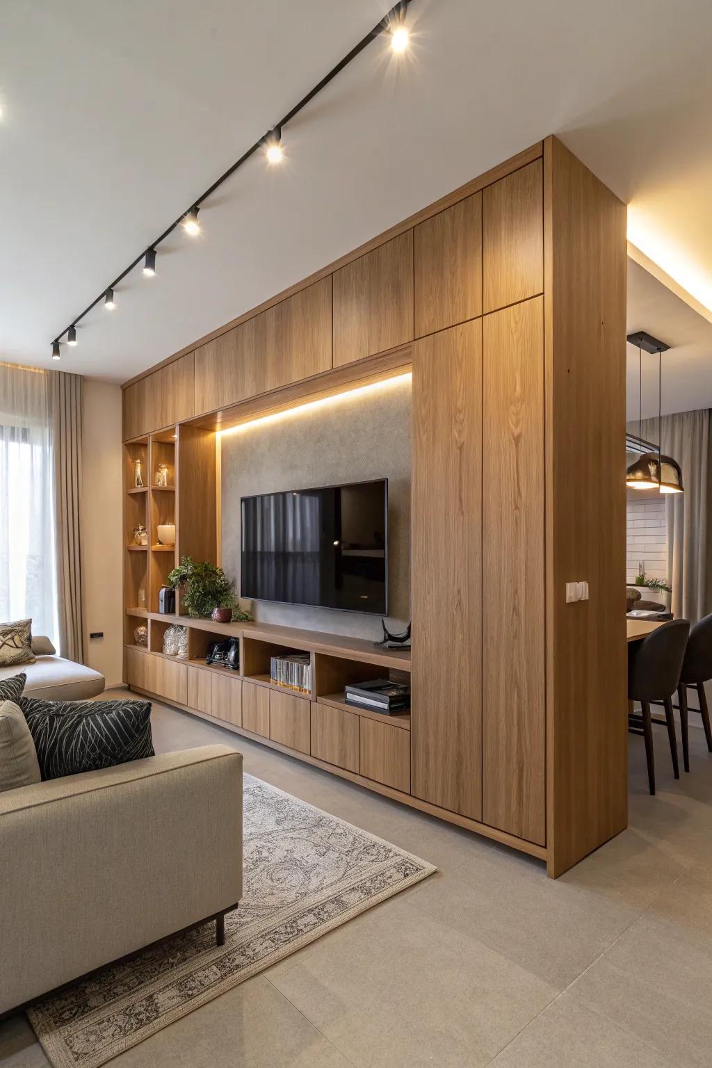 An integrated TV cupboard offers smooth inclusion within a modern lounge.