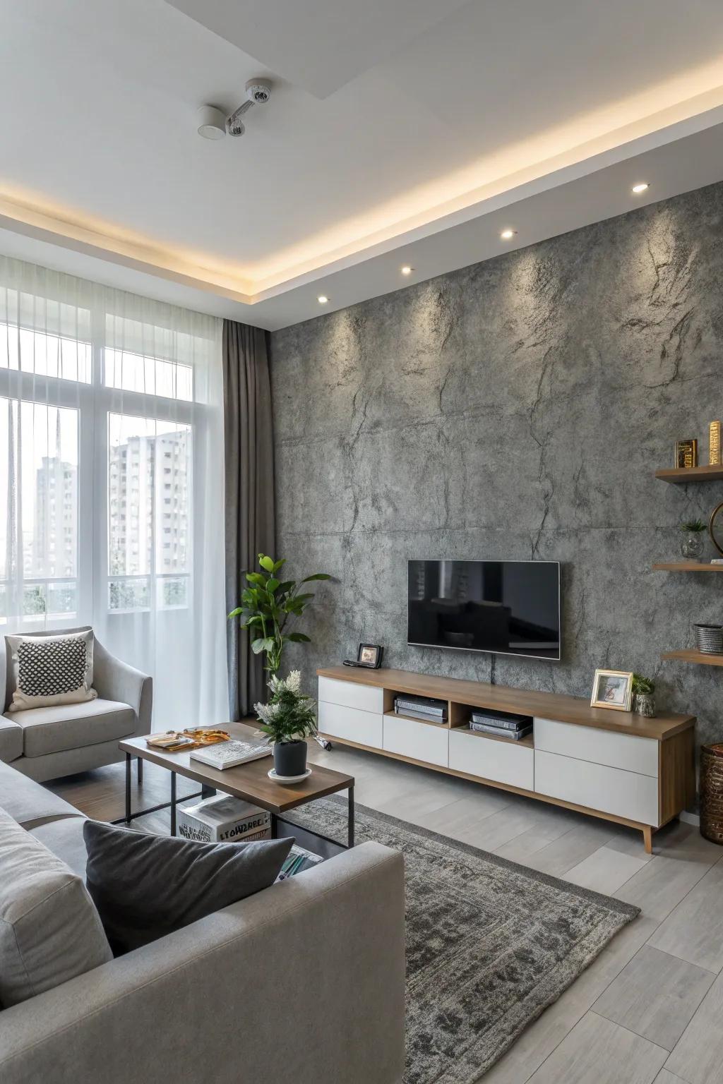 A wall with textured gray paint contributes depth and sophistication to this modern living area.