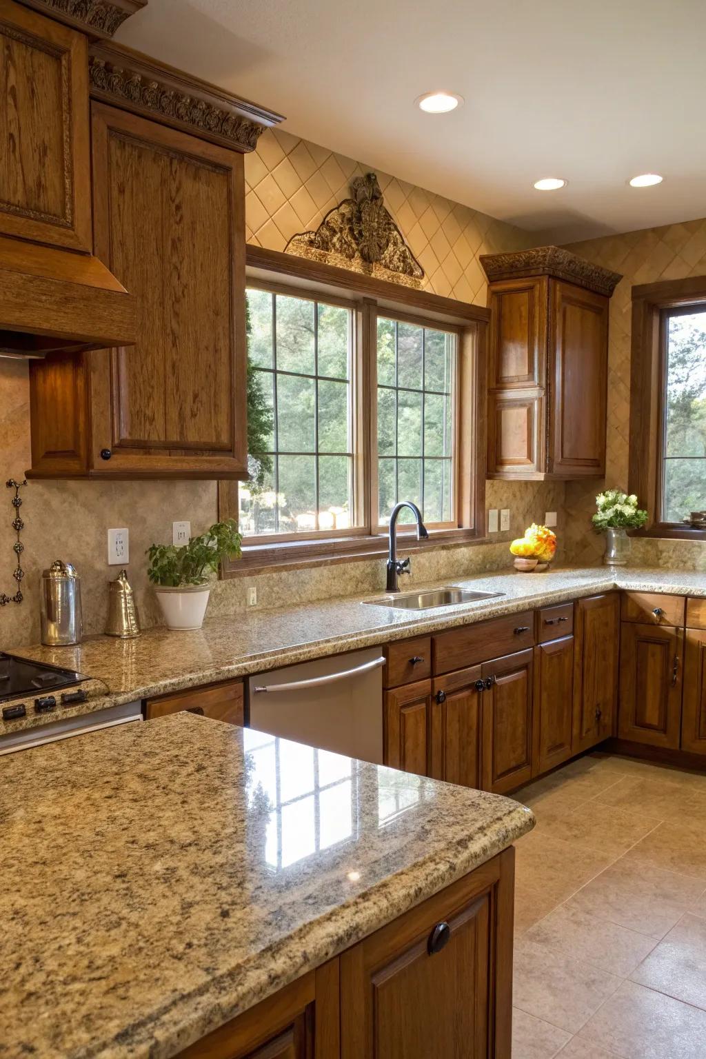 Stone worktops contribute elegance to rustic wood settings.