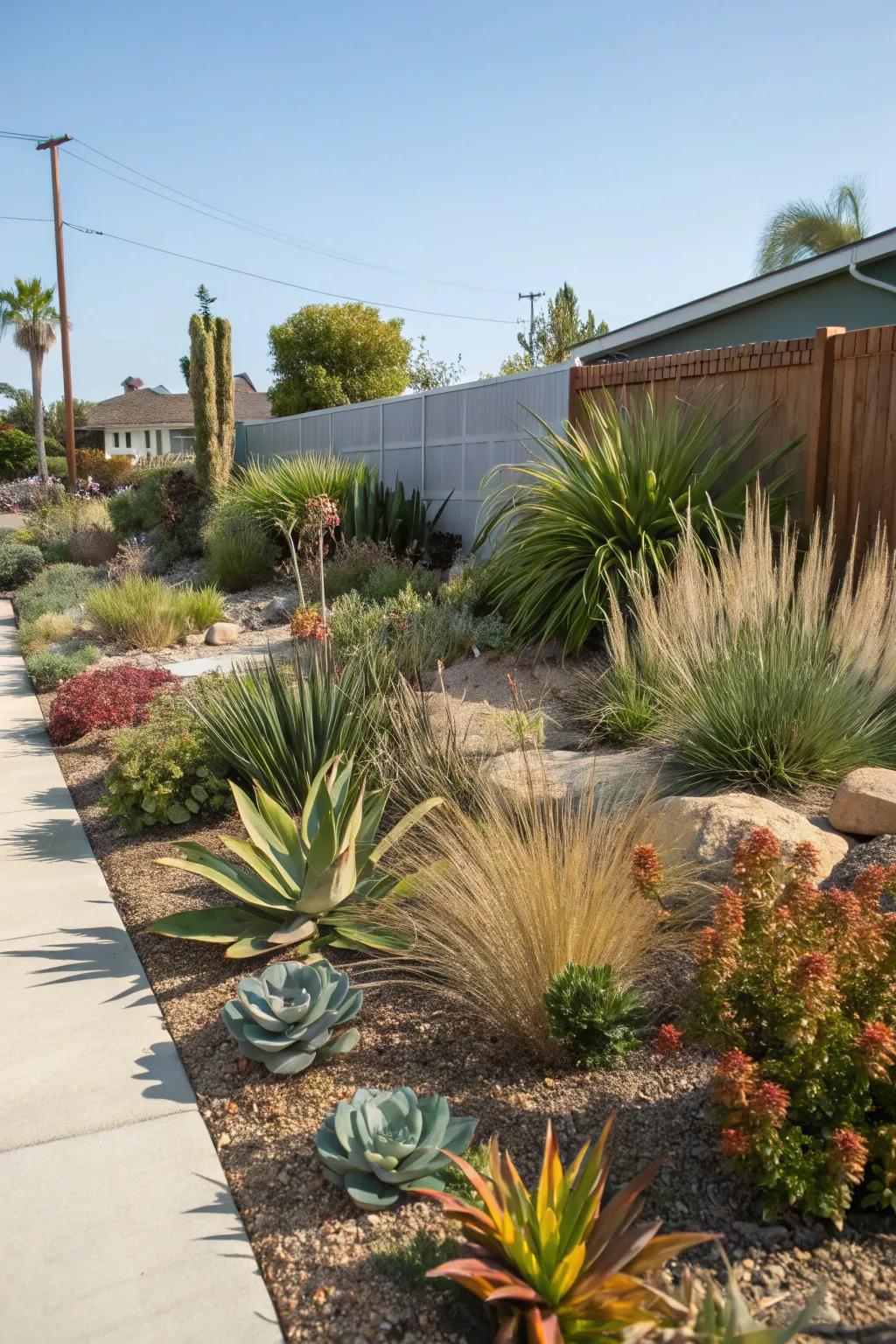 A front yard featuring a diverse selection of drought-resistant plants, providing texture and simple maintenance.