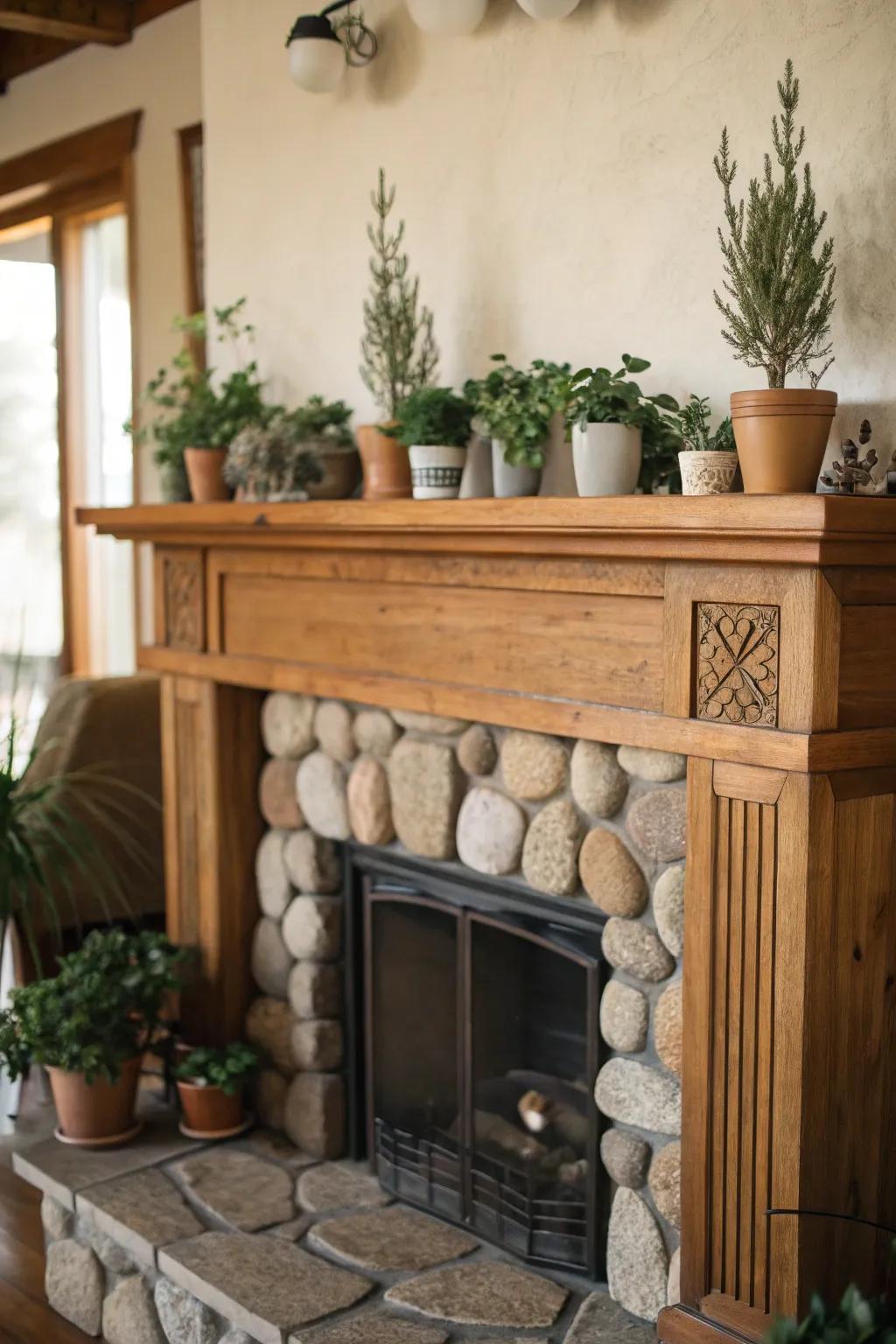 Natural elements, such as timber and stone, lend warmth to a modern mantel.