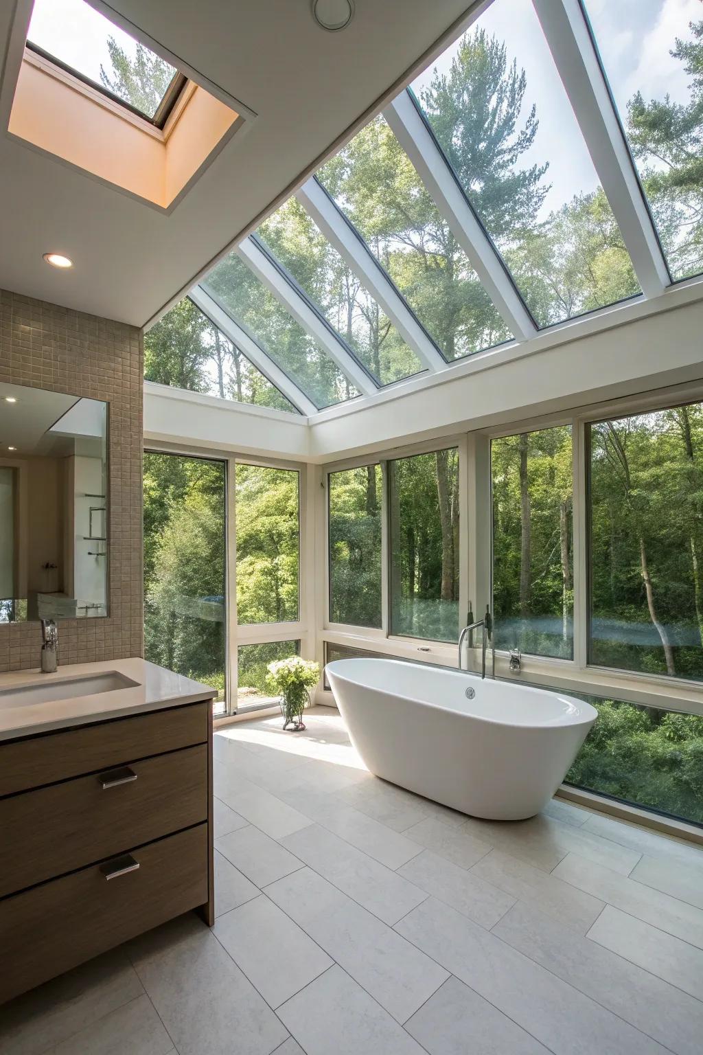 Abundant natural light floods this sleek primary bathroom.