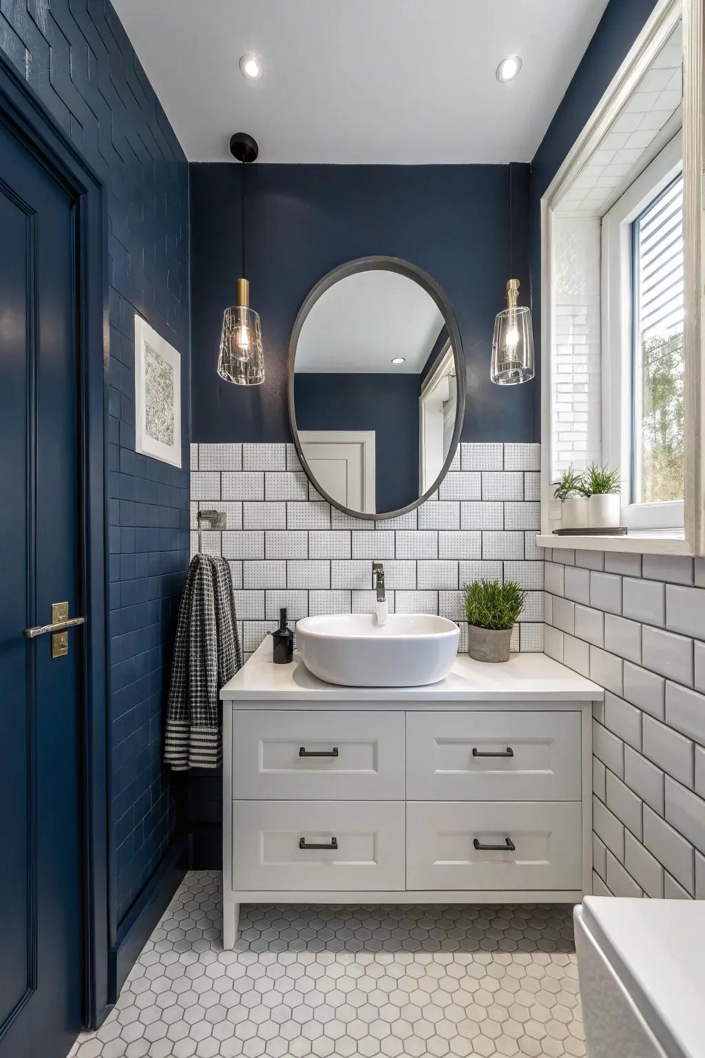 Ivory tiles offer a stunning contrast to midnight blue walls.