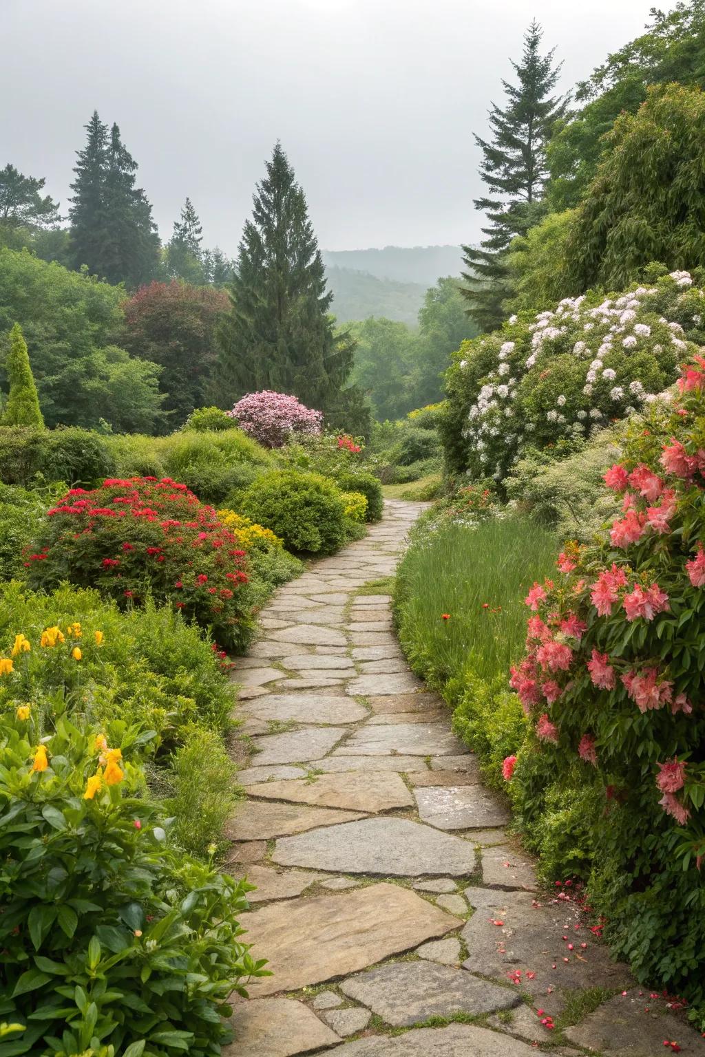 A tranquil garden walkway constructed from genuine stone, synchronizing with the surrounding verdure.