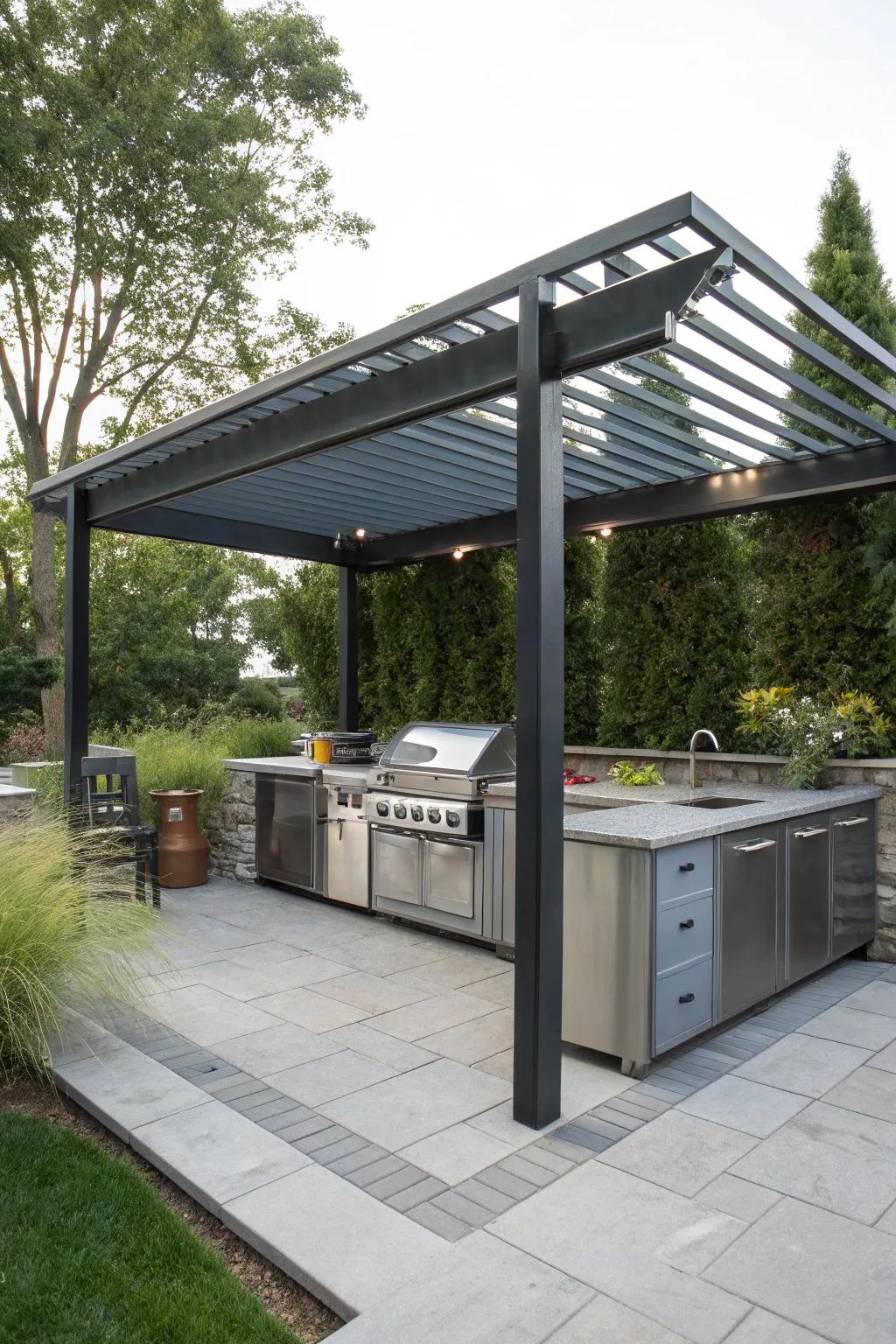 Modern metal pergola augmenting a sophisticated outdoor kitchen.
