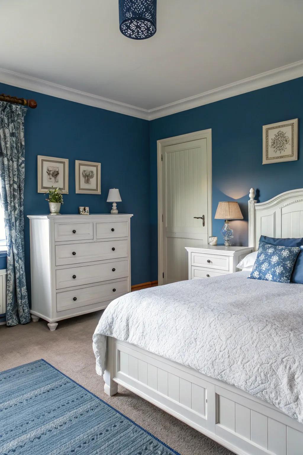 Ivory furniture beautifully contrasts with the sapphire blue walls, contributing a refreshing element.