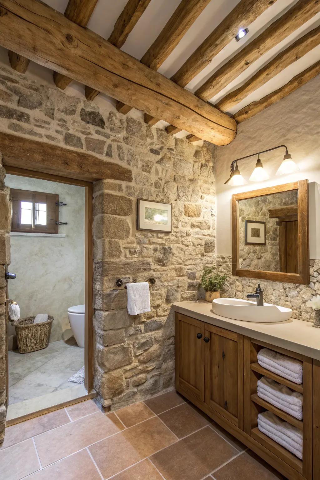 Shale stone embellished wall, imparting texture and magnitude to the rustic concept.