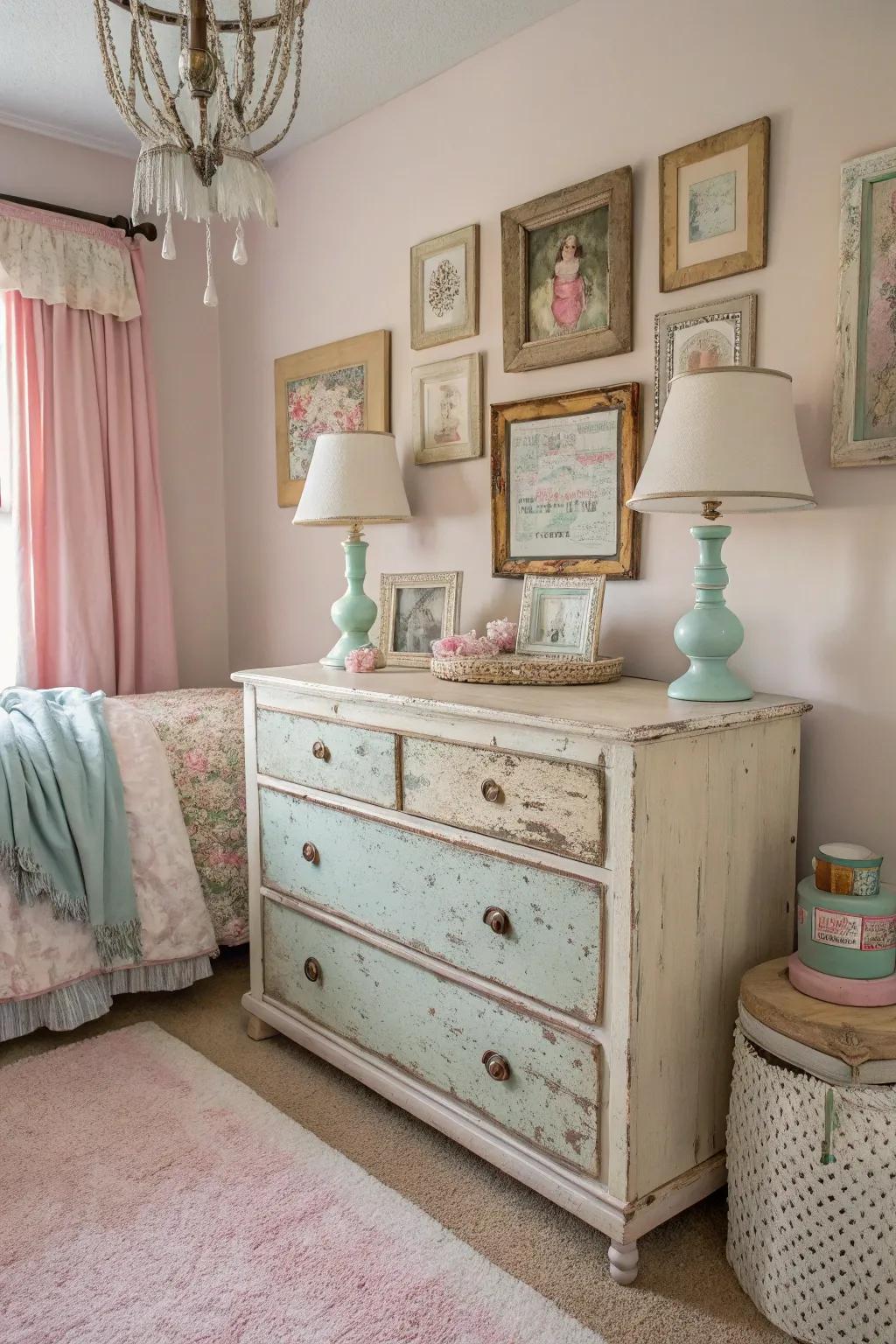 Weathered furnishings contribute vintage charm and distinctiveness to a modern shabby chic bedroom.