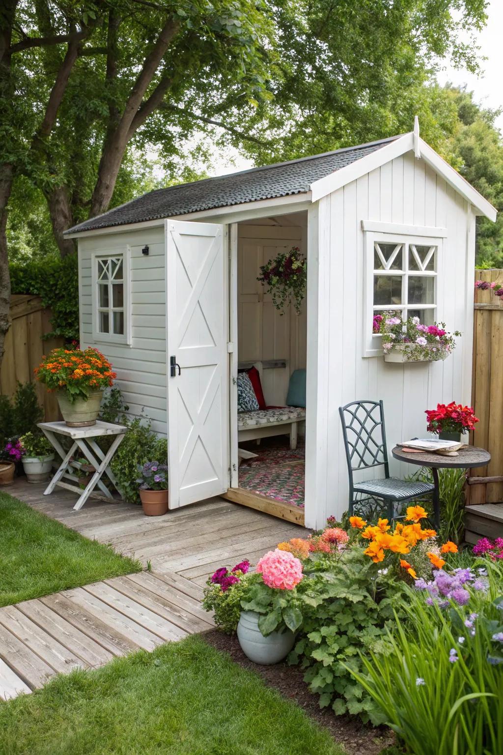An immaculate white shed adding a modern touch to the garden.