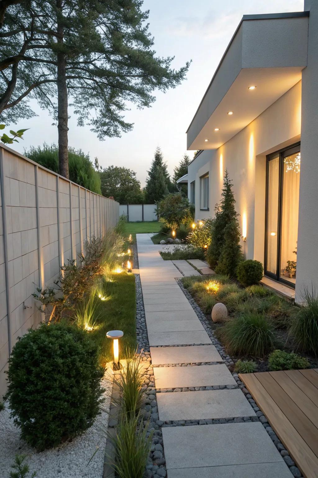 Delicate lighting enhances the mood of your side yard.
