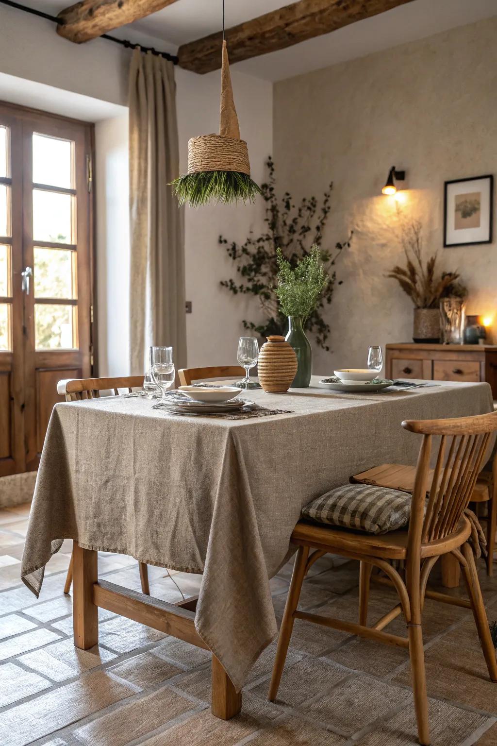 Subdued ground tones fashion a serene mood within the dining space.