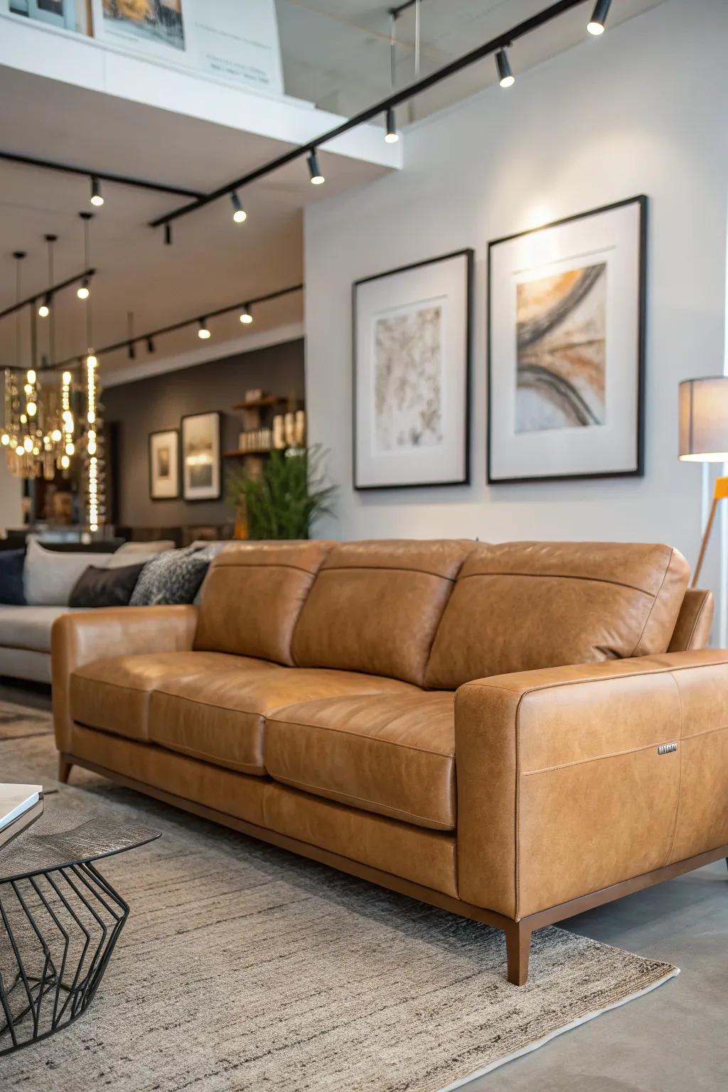 Contemporary art enlivens a lounge featuring a tawny hide couch.