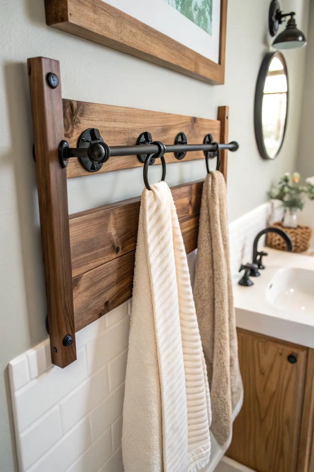 Timber and metal unite in this stylish towel rack design.