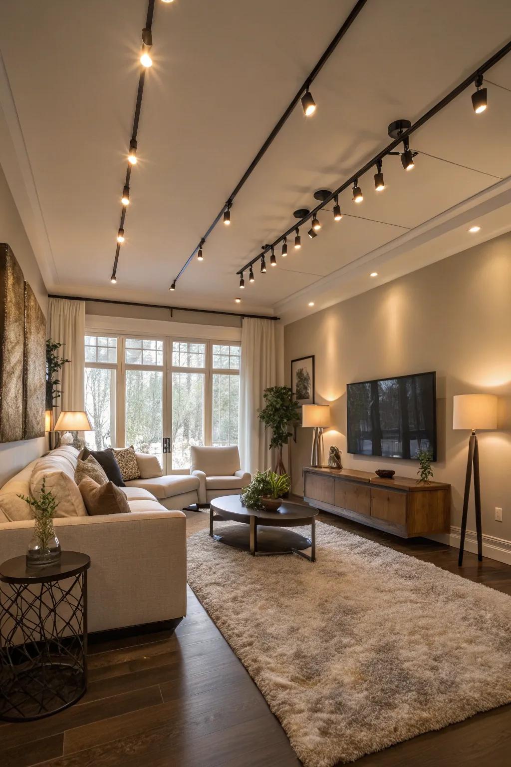 A lounge where rail lighting acts as a decorative centerpiece.