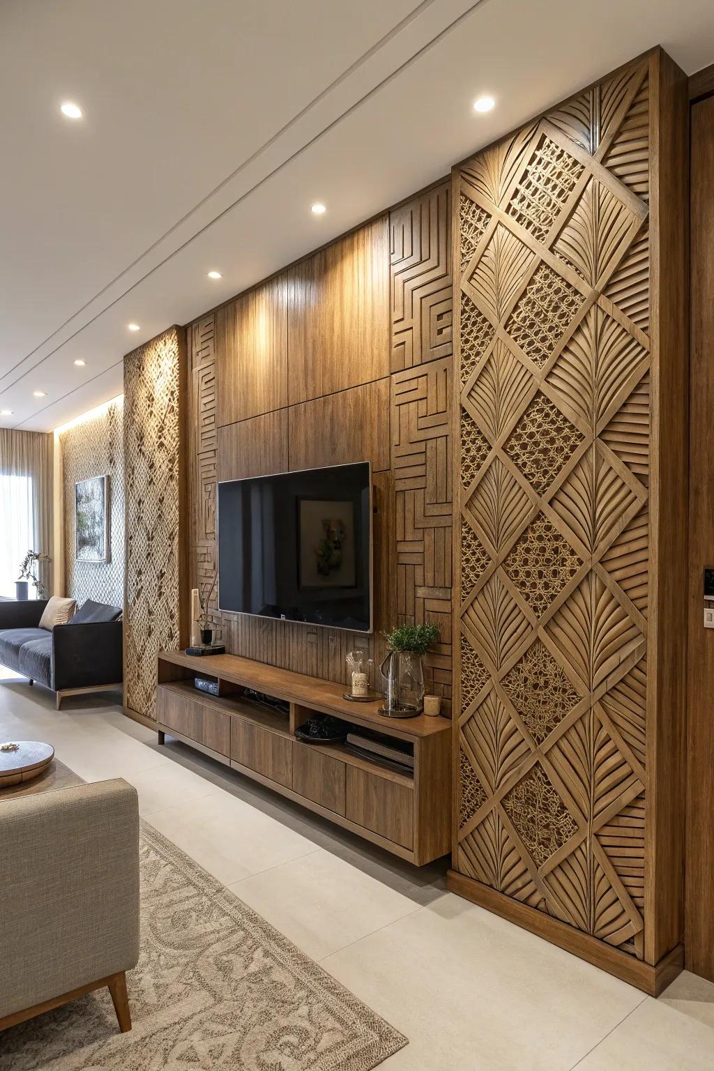 Sculpted panels introduce sophistication and dimension to any TV wall.