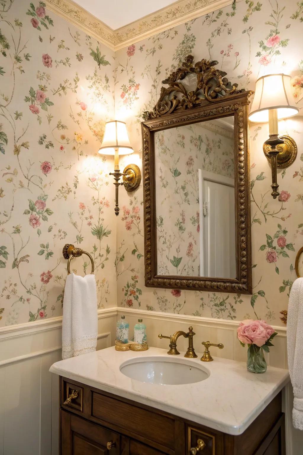 Exquisite wallpaper infuses a hint of Victorian grandeur.