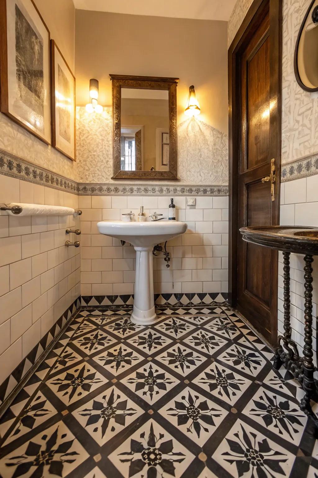 Bold patterned tiles create a vintage expression.
