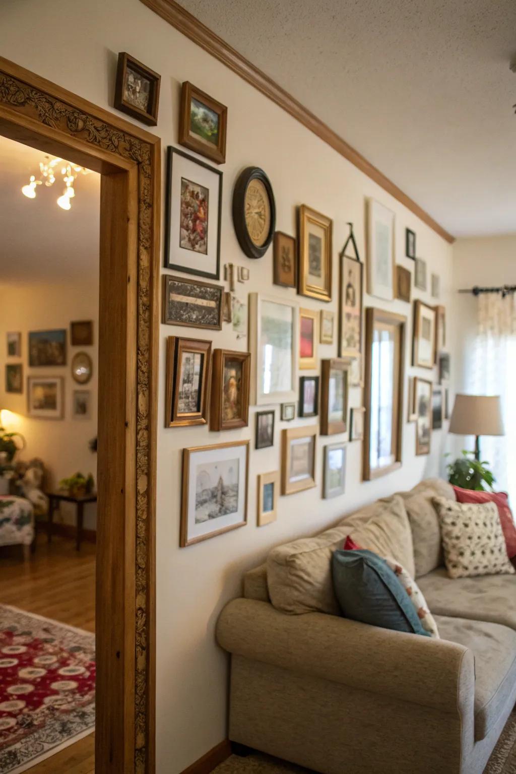 A welcoming gallery wall highlighted by art, photos, and reflecting mirrors.