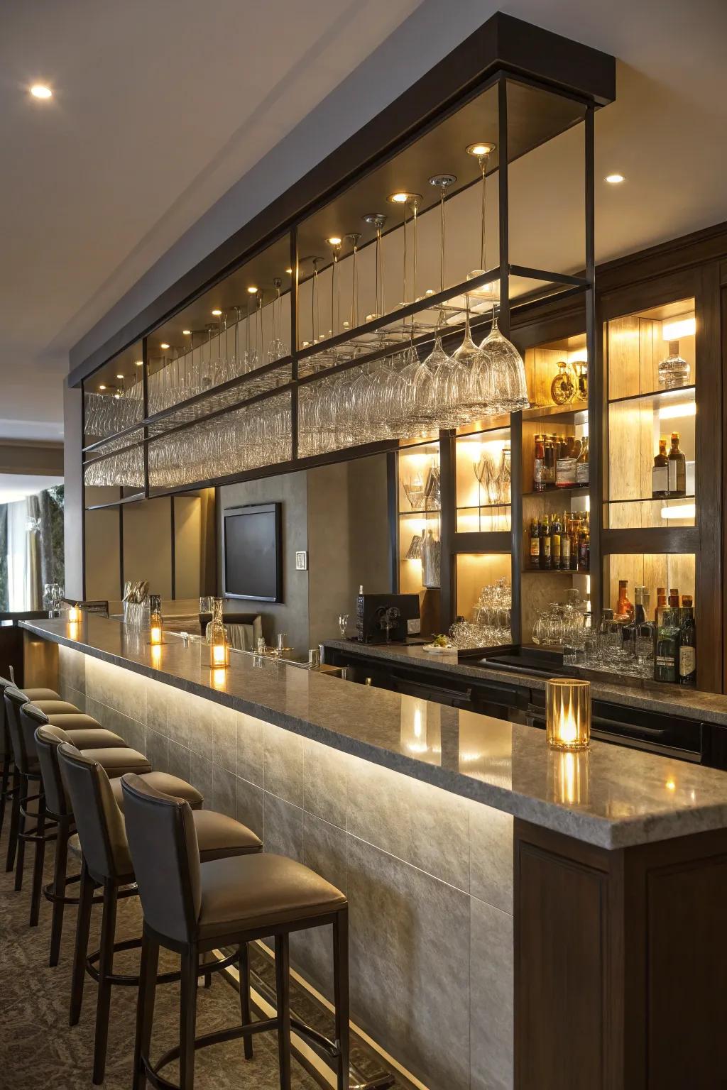 Warm illumination imparts an inviting radiance to a contemporary wet bar.