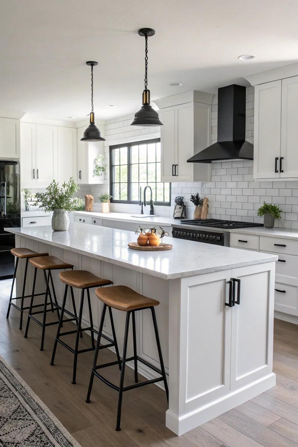 Bold black accents elevate the kitchen's sleek design.
