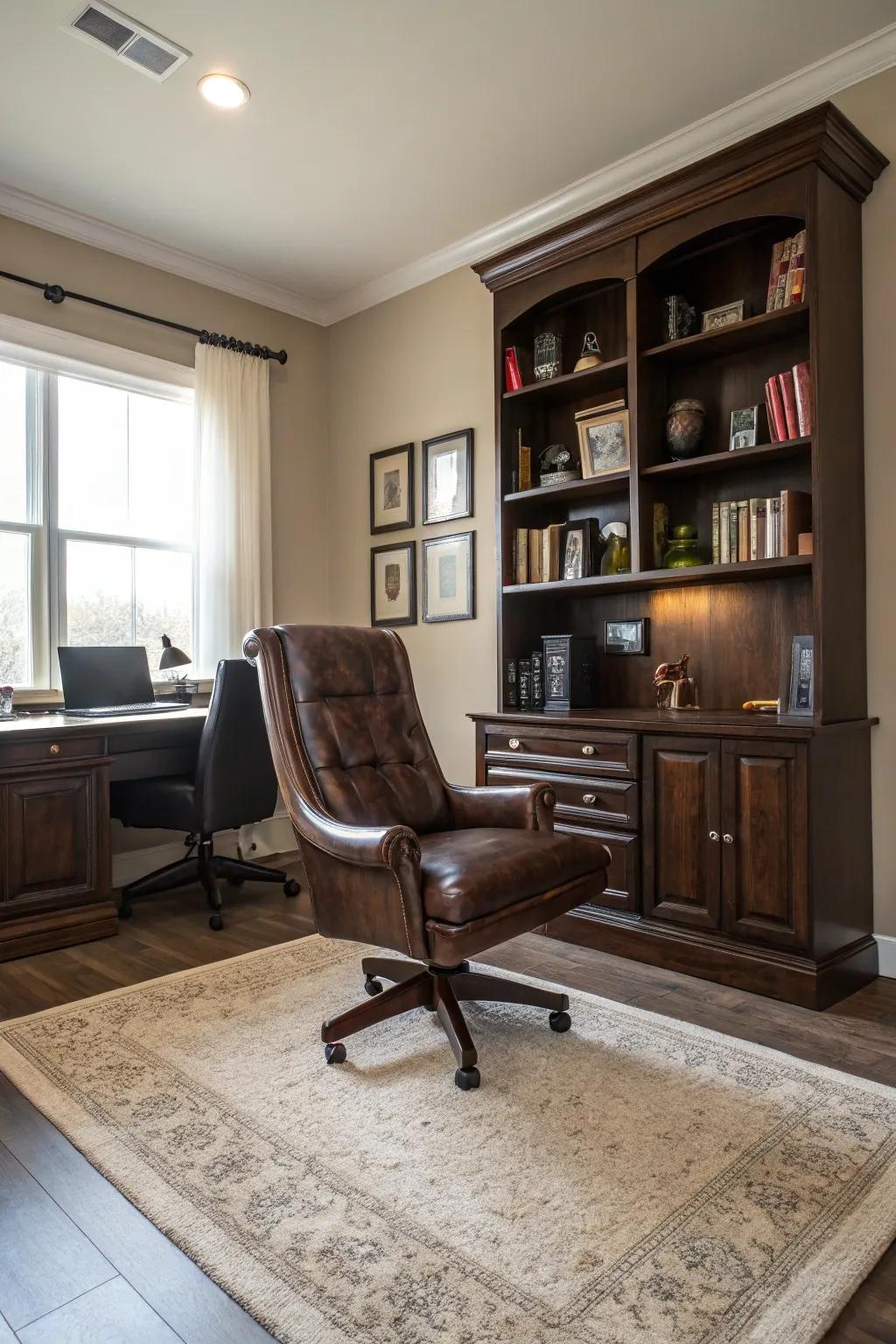 Lavish textures introduce an inviting richness to the workspace.