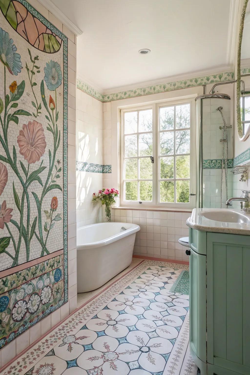 A bathroom transformed into a calm garden by means of botanical mosaic tiles.